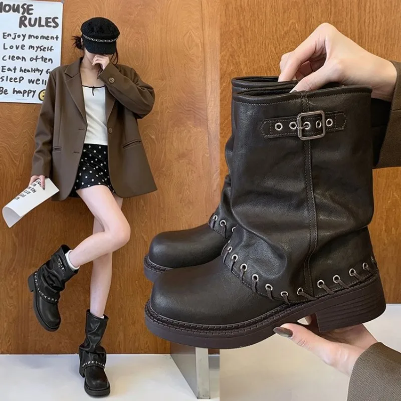 Fall Fall new style women's rock style mid-calf boots with rivet belt buckle fashion boots, patchwork style stacked short boots - Aliexpress Deal