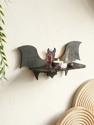 Wooden Shelf Gothic Bat Wall Hanging Decor Black Floating Shelves Display Stand Crystal Holder Witch Home Decor Halloween Decor