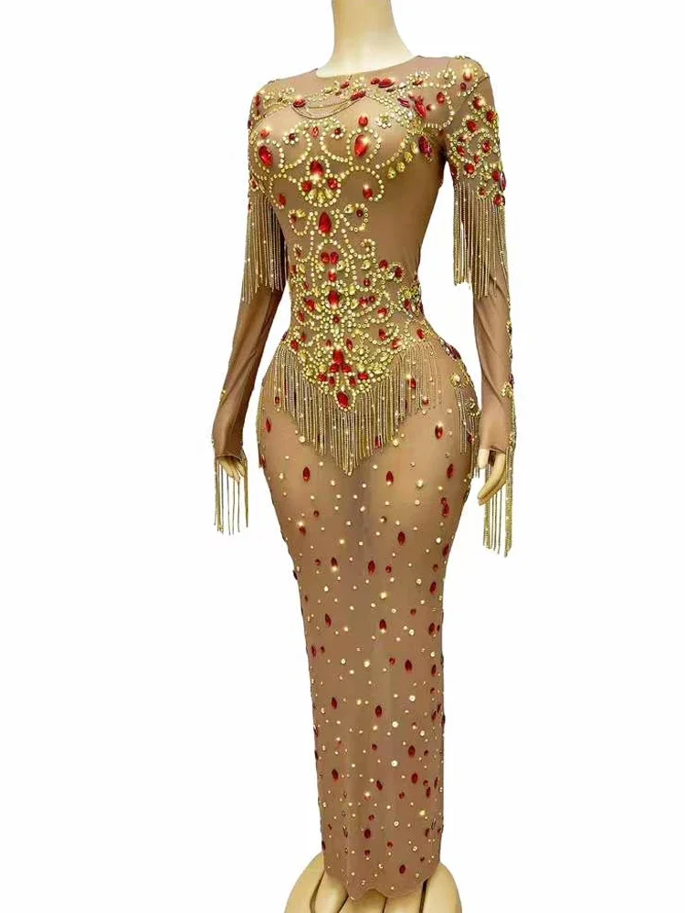 Women Party Wear See Through Elastic Mesh Photo Shoot Show Wear Stage Performan Costume Shining Crystal Evening Long Dress