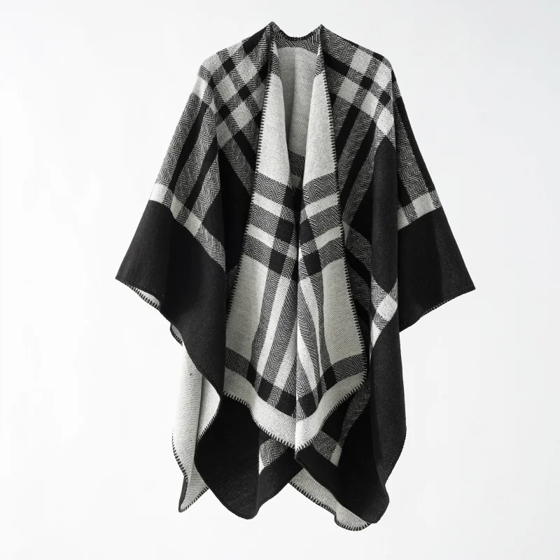 A lady's shawl with cashmere on both sides, fashion cloak and plaid shawl for travel photography.