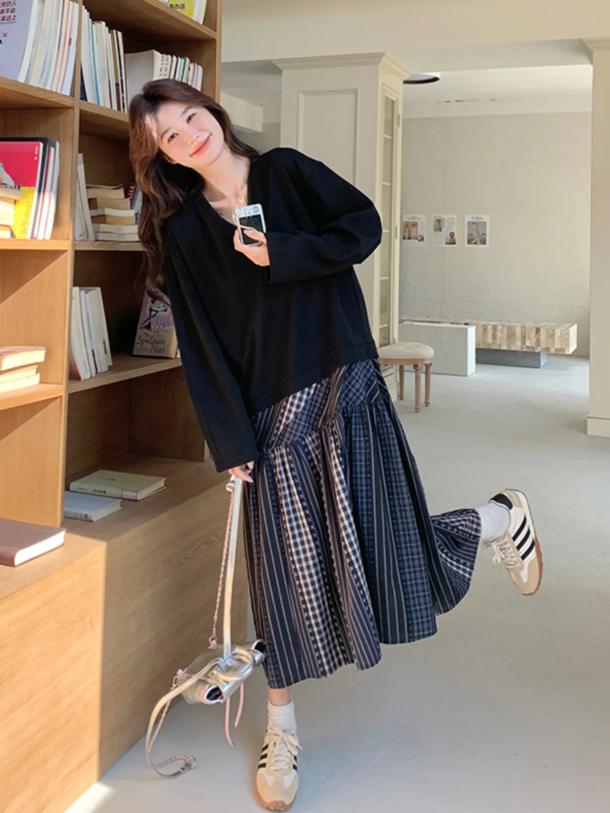 

Модная женская юбка А-силуэта с V-образным вырезом, в клетку, с пэчворком, весна-осень, новый дизайн, утягивающая, с завышенной талией