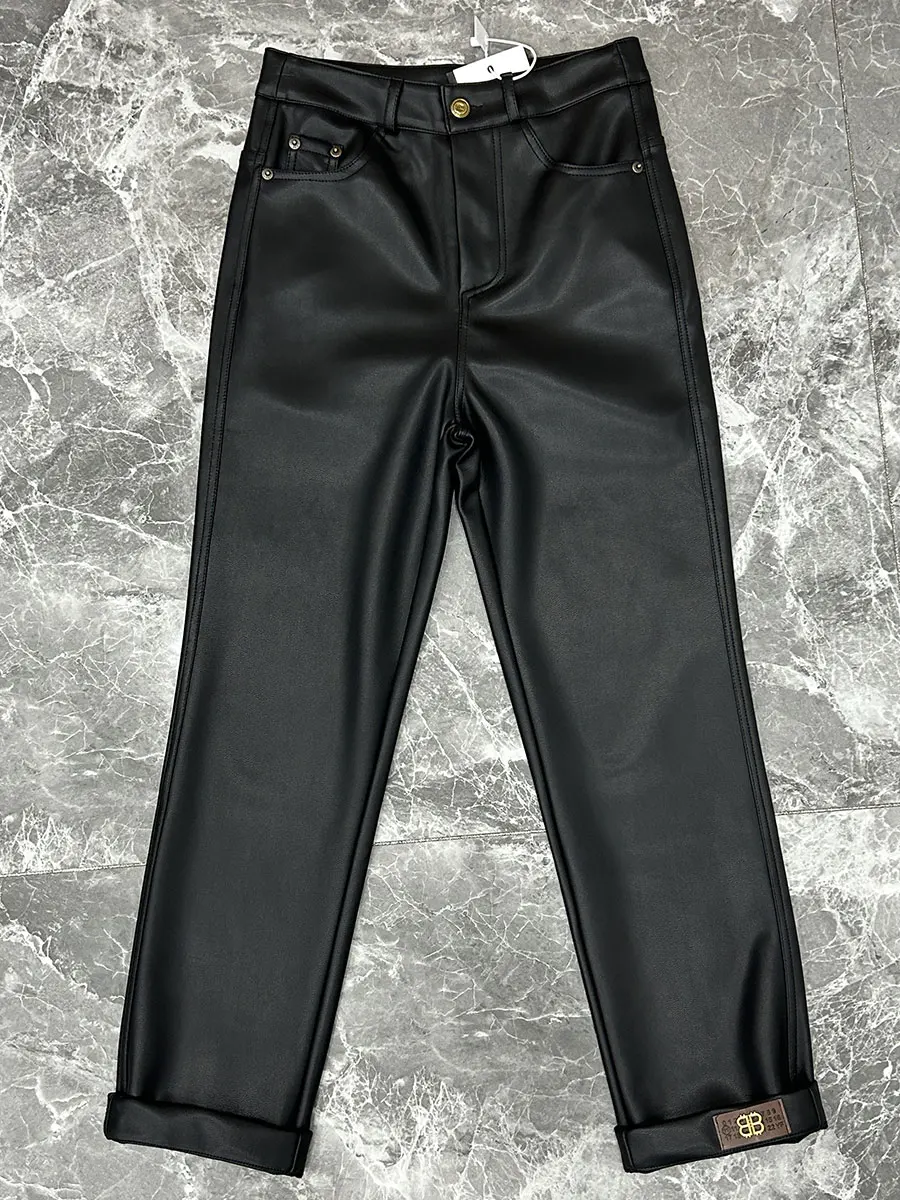 

Осенне-зимние утепленные брюки из искусственной кожи с высокой талией, на молнии, прямого кроя, больших размеров, повседневные