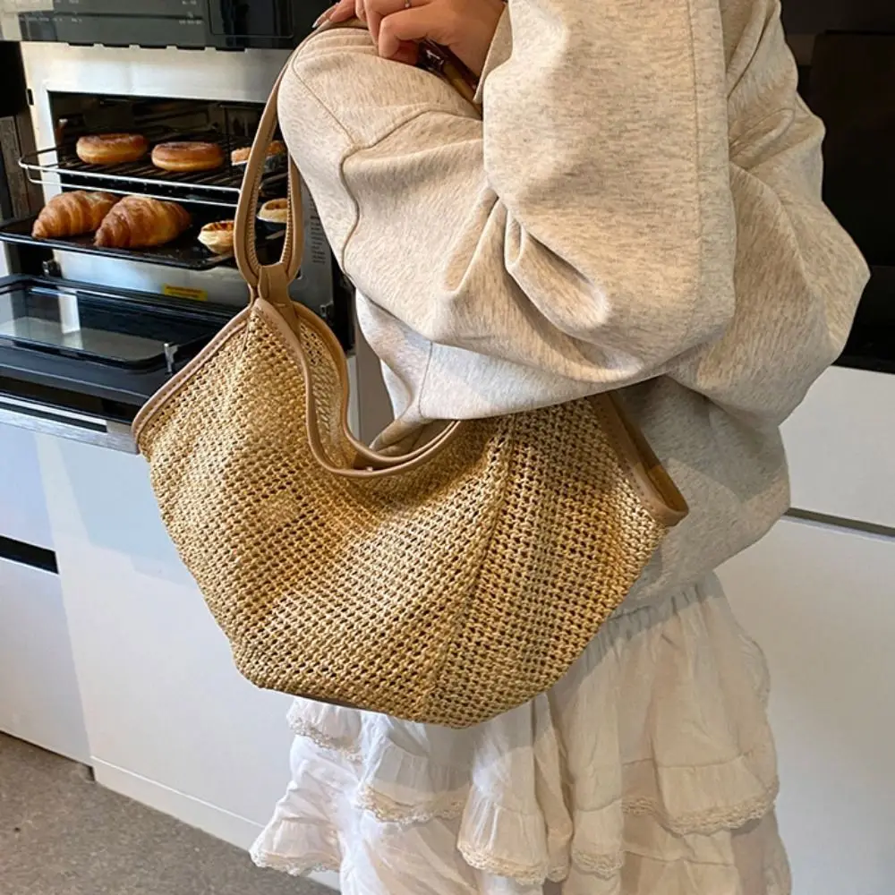 

Hollow Out Straw Woven Bag Beach Handbag Large Capacity Bohemian Beach Bag Parent Shoulder Bag Bucket Bag Hollow Shoulder Bag