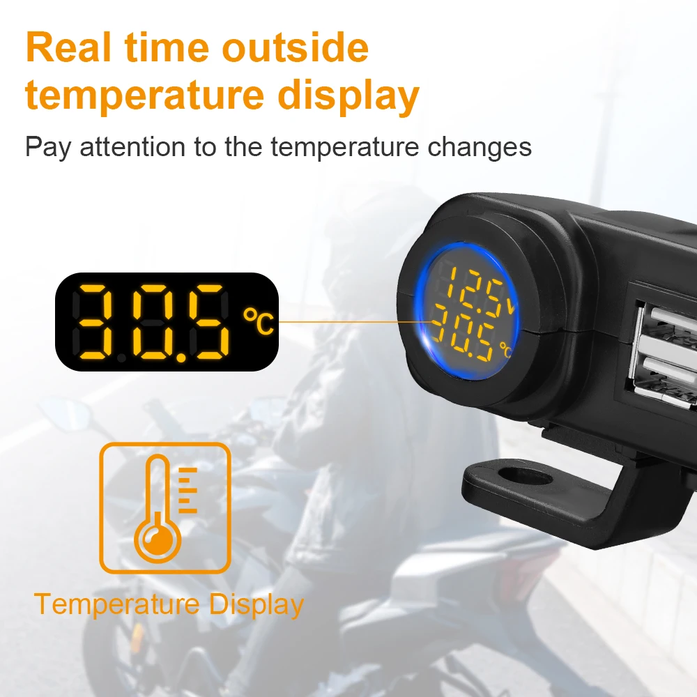 Gadpow Motorcycle Charger 12V QC3.0 Dual USB Mobile Phone Fast Charger Voltmeter Thermometer  Phone Charger Display Socket