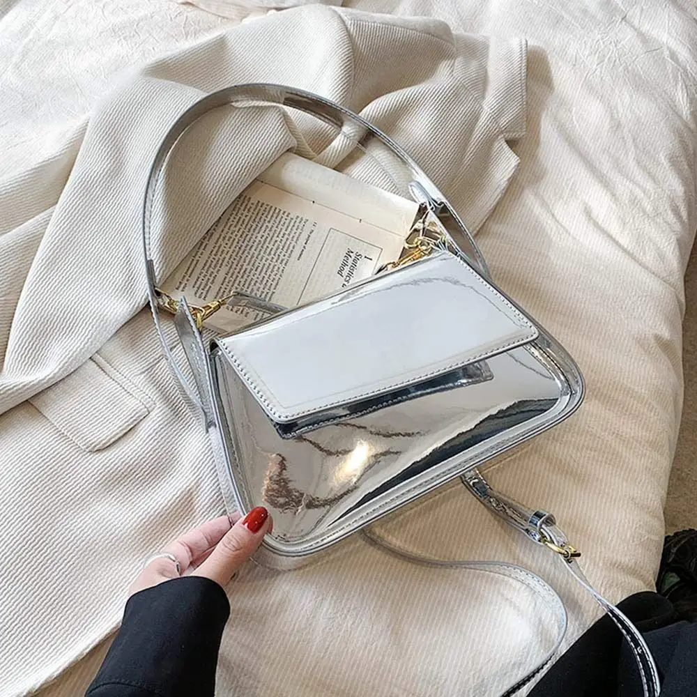 2023 New Fashion Versatile Shoulder Glossy Silver Chic Casual Crossbody Bag Women Luxury Designer Purses Handbags Underarm Bag