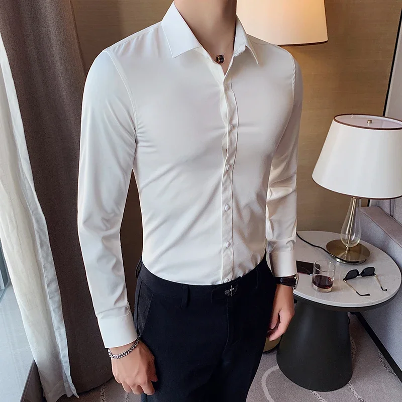 2024 New Boutique Fashion Solid Color Formal Wedding Dress Men\'s Long-sleeved Shirts Club Banquet Party Social Male Shirt