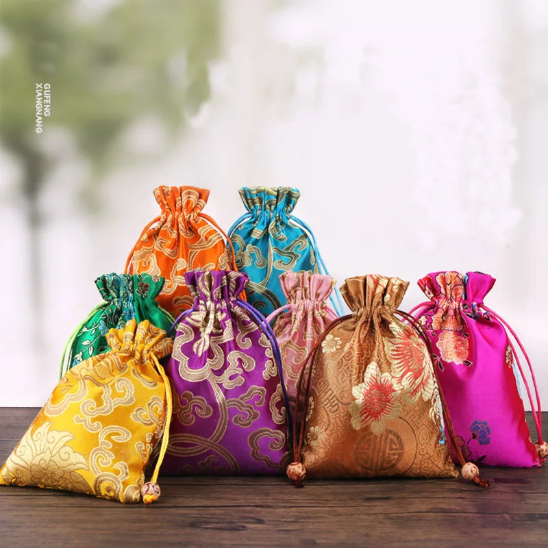 20pcs/Lot 12*15cm Chinese Style Peony Flower Ancient Sachets Satin Drawstring Pouches Handmade Brocade Pouch Storage Bags