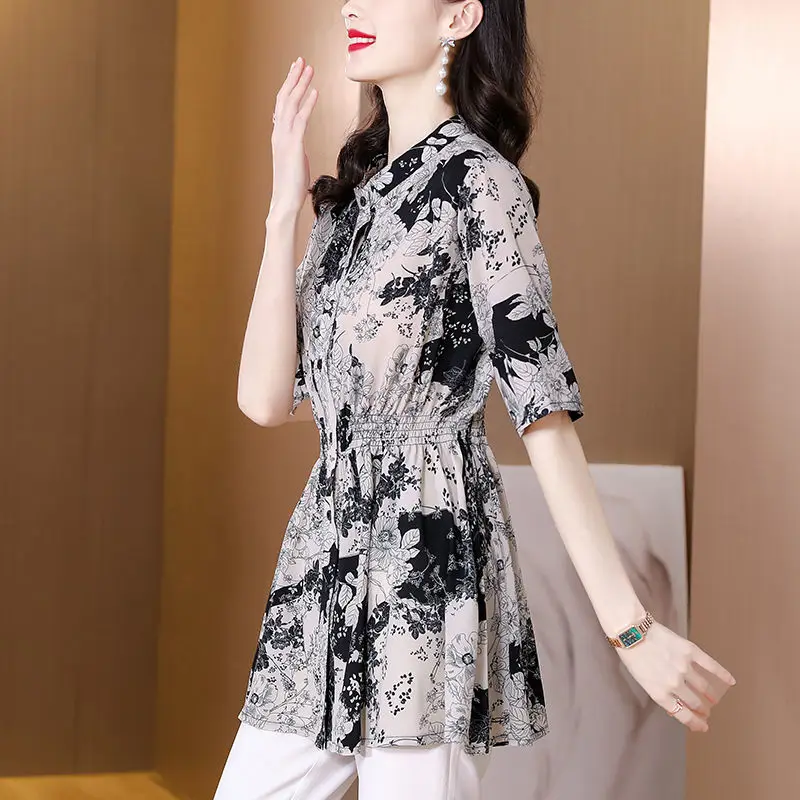 Elegant Vintage Printing Short Sleeve Shirt Summer Women's Clothing Casual Fashion Single-breasted Waist Chiffon Blouse Female