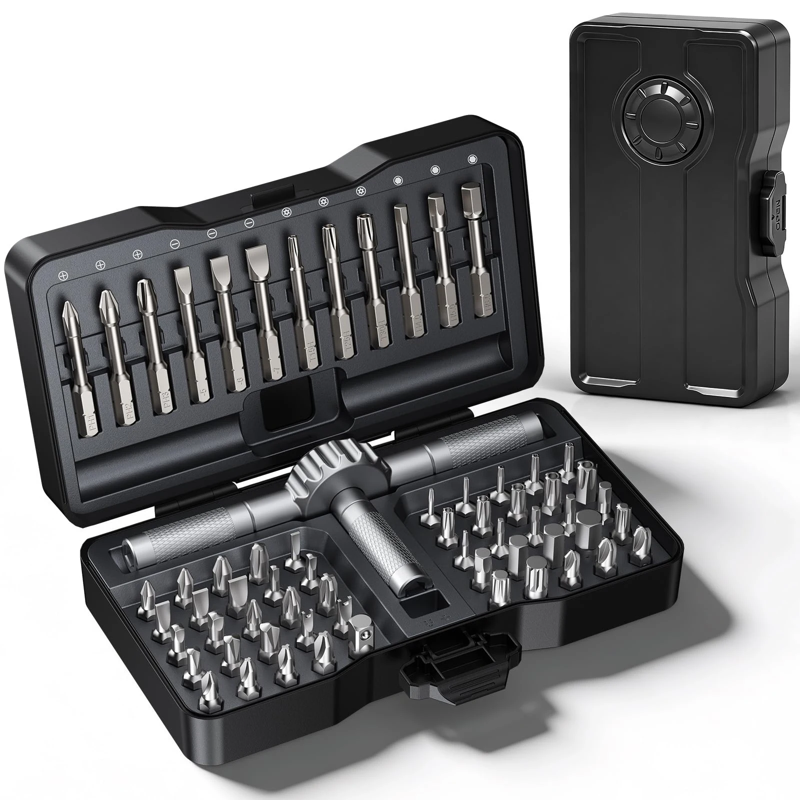 66 in 1 Ratchet Screwdriver Set with 62 Magnetic S2 Bits, T-shaped Detachable Aluminum Handle, Furniture DIY Repair Tool