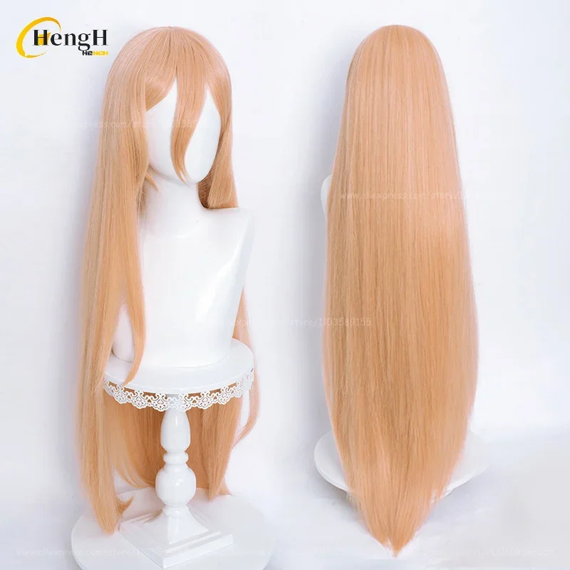 2 Styles Power Synthetic Anime Long 100cm Orange Pink Straight Hair Cosplay Wig With Horns Heat Resistant Hair Party Woman Wigs