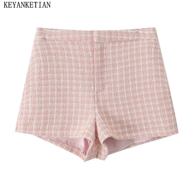 KEYANKETIAN 2024 Autumn/Winter New Women's Tweed Texture Plaid Wool Shorts Office Lady Zipper high waist Fashion Straight Pants