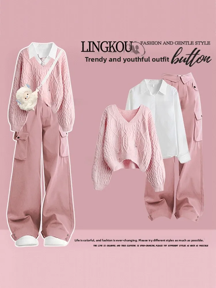 

Sweet Knitted Sweater Base Shirt plus Size Autumn Fashion Set Women's Soft Knitwear Three-piece Suite Casual Slimming Work Pants