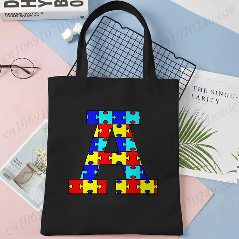 Autism Puzzles 26 Alphabet Print Graphic Canvas Tote Bag for Women Handbag Harajuku Shopper Bags Aesthetic Female Shoulder Bag