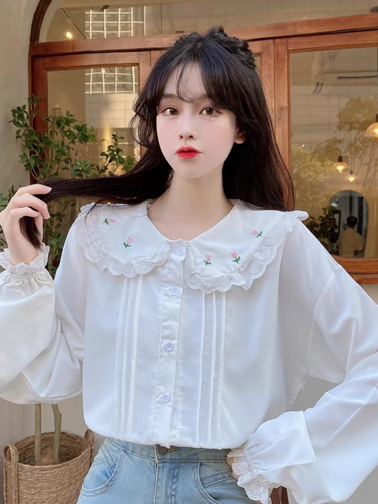 KIMOKOKM Preppy Style Korea Sweet Women's Shirt Cute Peter Pan Collar Single Breasted Kawaii Embroidery Flower Full Sleeve Shirt