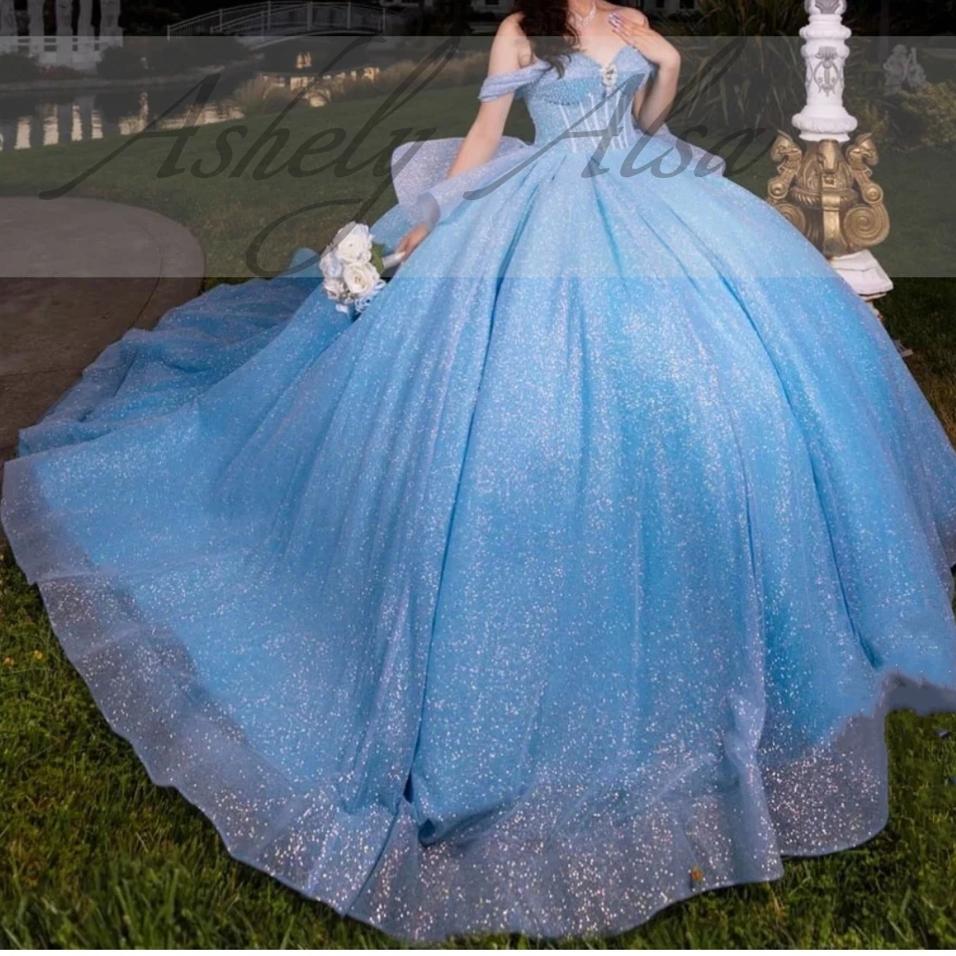 Customized Sky Blue Quinceanera Ballgown Dresses Off Shoulder Crystal Sweep Train Women Prom Birthday Party Occasion Dress 15 16