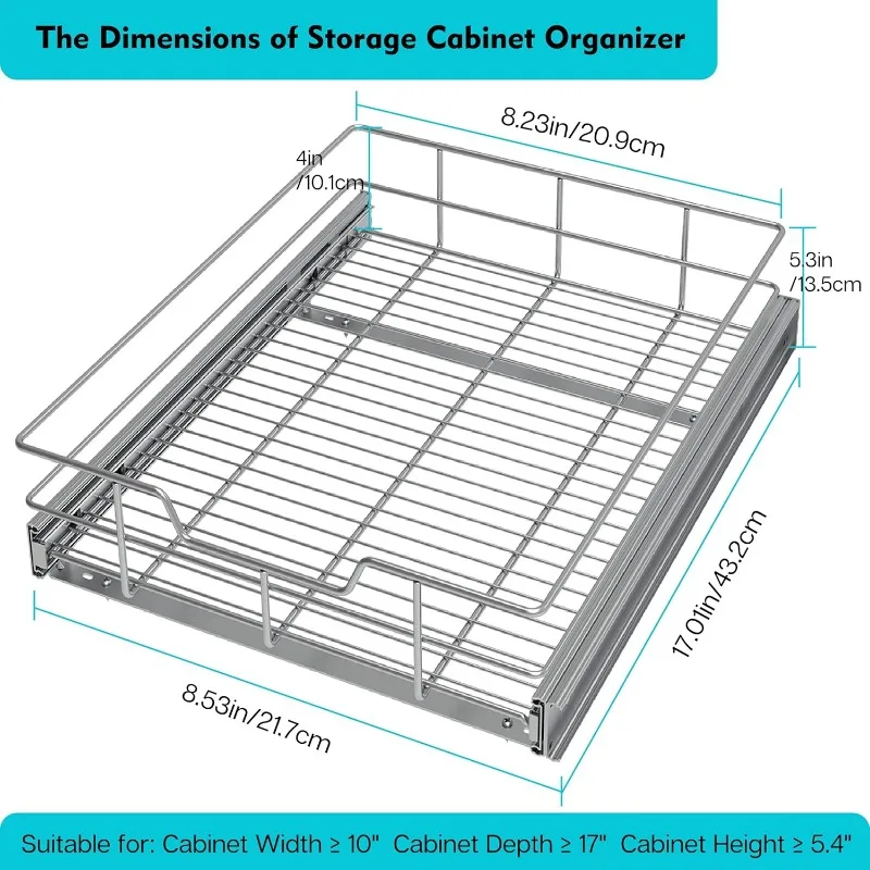 Slide-Out Drawer Organizer for Cabinets, 9×17in Heavy-Duty Chrome Caddy, Smooth Slides for Kitchen Bathroom Pantry Storage