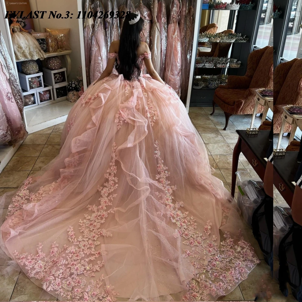 EVLAST Customized Shiny Pink Quinceanera Dress Ball Gown Lace Applique Beaded Tiered Mexico Sweet 16 Vestido De 15 Anos E3Q483