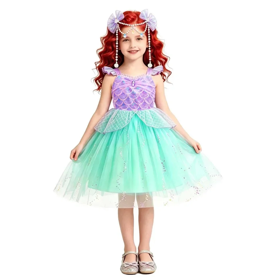 Girls Pink Mermaid Scale Tulle Tutu Dress Kids Sparkle Princess Gown Beach Birthday Party Pool Celebration Fairy Tale Costume