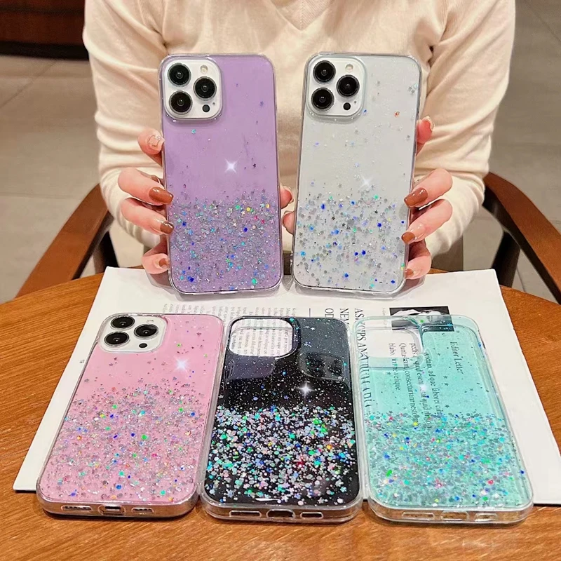 

For Samsung Galaxy A14 A04 A04E A54 M53 M33 M13 Note 10 Plus 9 8 S10 S9 S8 Plus Phone Case Bling Glitter Transparent Soft Cover