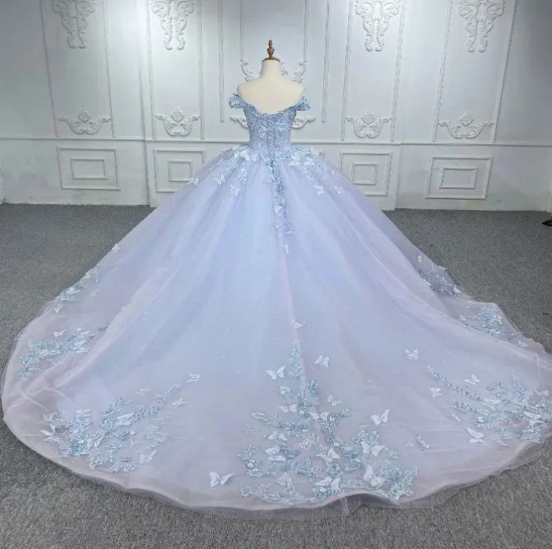 레이스 꽃 블루 볼 가운 15 세 Quinceanera 드레스 공주 맞춤형 파티 드레스 오프 어깨 Vestidos De Fiesta