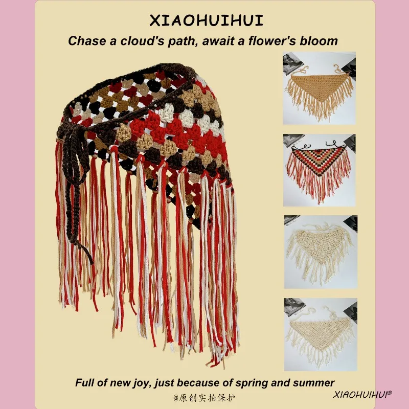 Bohemian Style Knit Triangle Belts for Women Summer Travel Versatile Retro Tassel Hip Covering Panel Overlapping Waist Cincher