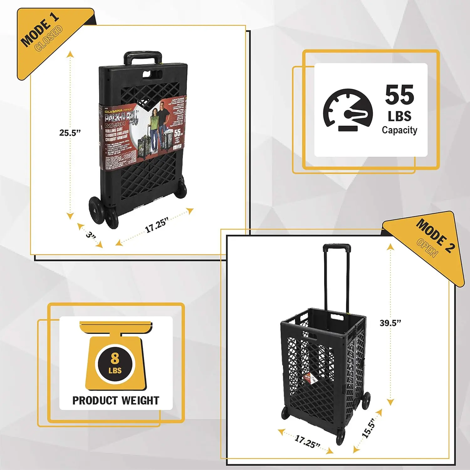 Portable Mesh Tool Cart with Telescopic Handle, 55 Lb. Capacity, Folds to 3 Inches for Easy Storage