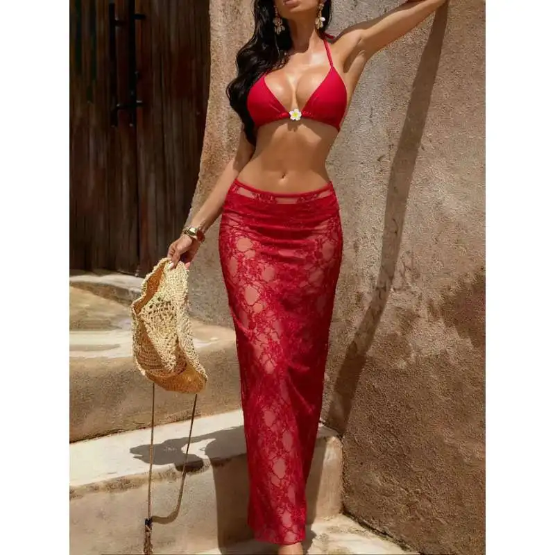 

Sexy Neck Bikini Swimsuit Women's Three-piece Red Lace See-through Dress Blouse Swimsuit Women