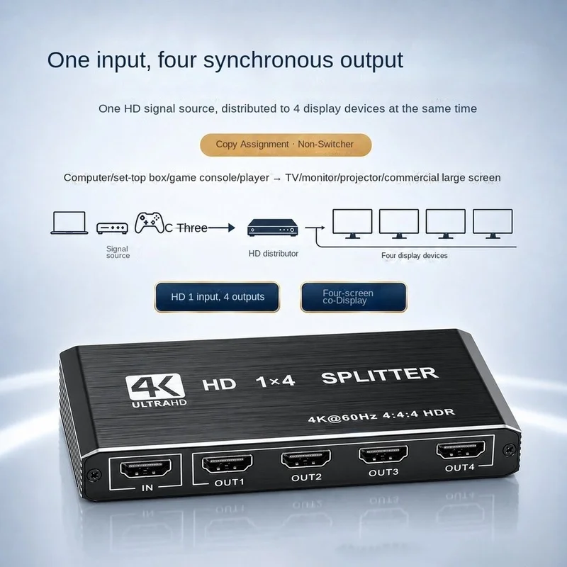 DT21 -Compatible Splitter 1 in 4 Out 4K 3D 1080P, Mirror 4 Screens Simultaneously Plug&Play for HDTV DVD Stream