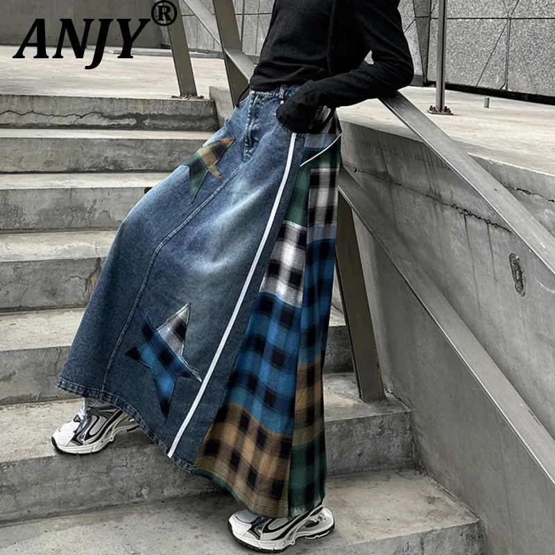 

ANJY Autumn New Women American Patchwork Color-Block Plaid High-Waisted Denim Skirt Versatile Personality Chic Ins Skirts A12040
