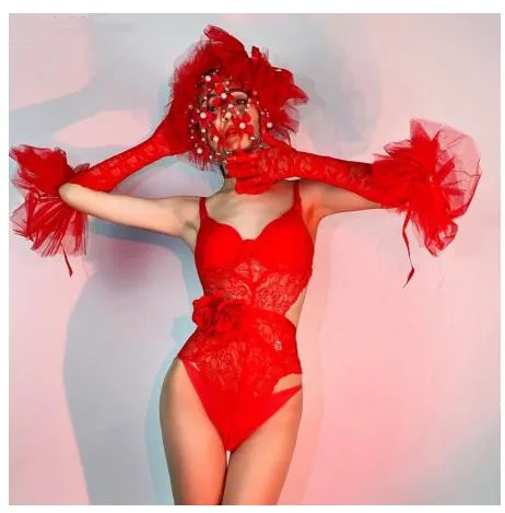 Red Rose Lace Bodysuit Pearl Flower Headgear Set Sexy Bar Party Rave Women Costume Nightclub Gogo Dance Team Performance Outfits