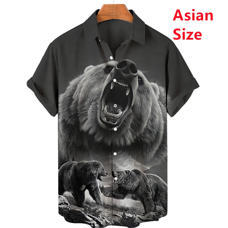 

Summer Hawaiian Shirt New Men's Short-sleeved Tops 3d Print Oversized Hip Hop Blouse Street Bear Graphic Casual Vintage Men Tees