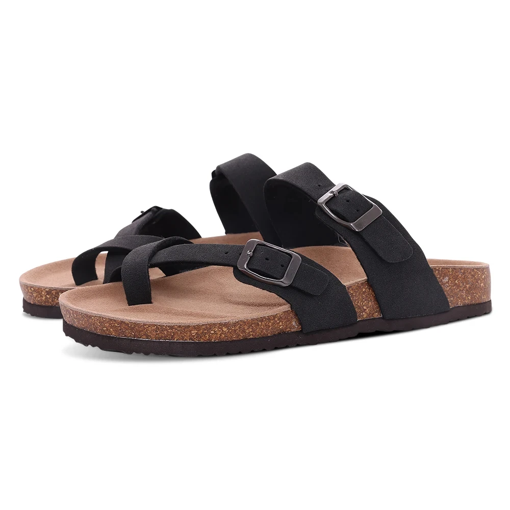 Comwarm Men's Cork Footbed Slides Sandals Arch Support Summer Outdoor Sandals with Adjustable Buckle Leisure Men Leather Slides