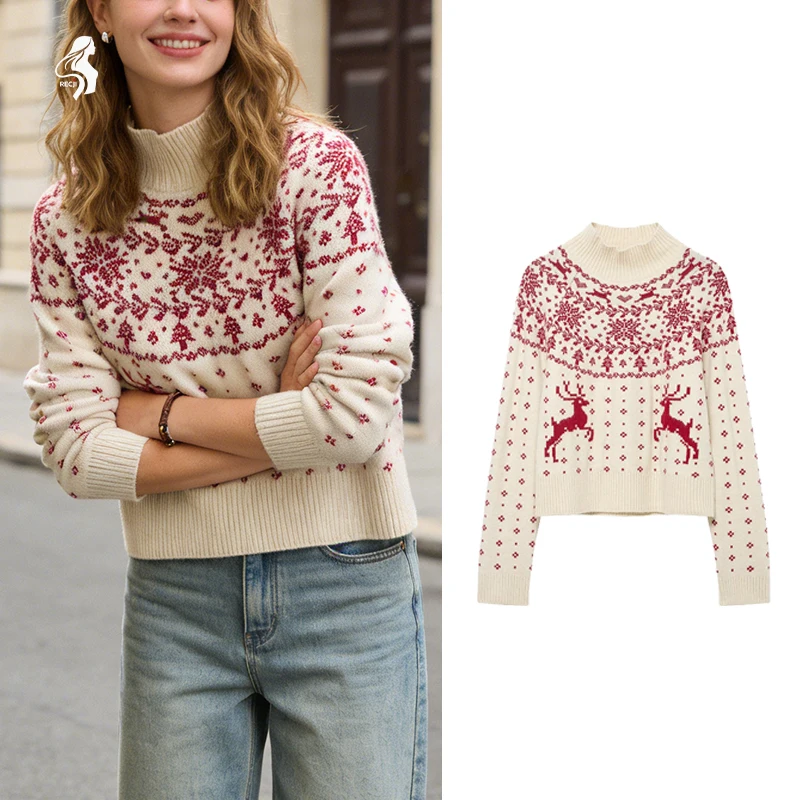 Weihnachts-Rentier-Schneeflockenpullover für Damen – Strickpullover mit Stehkragen, festlicher Strickpullover in Rot und Creme für den Urlaub