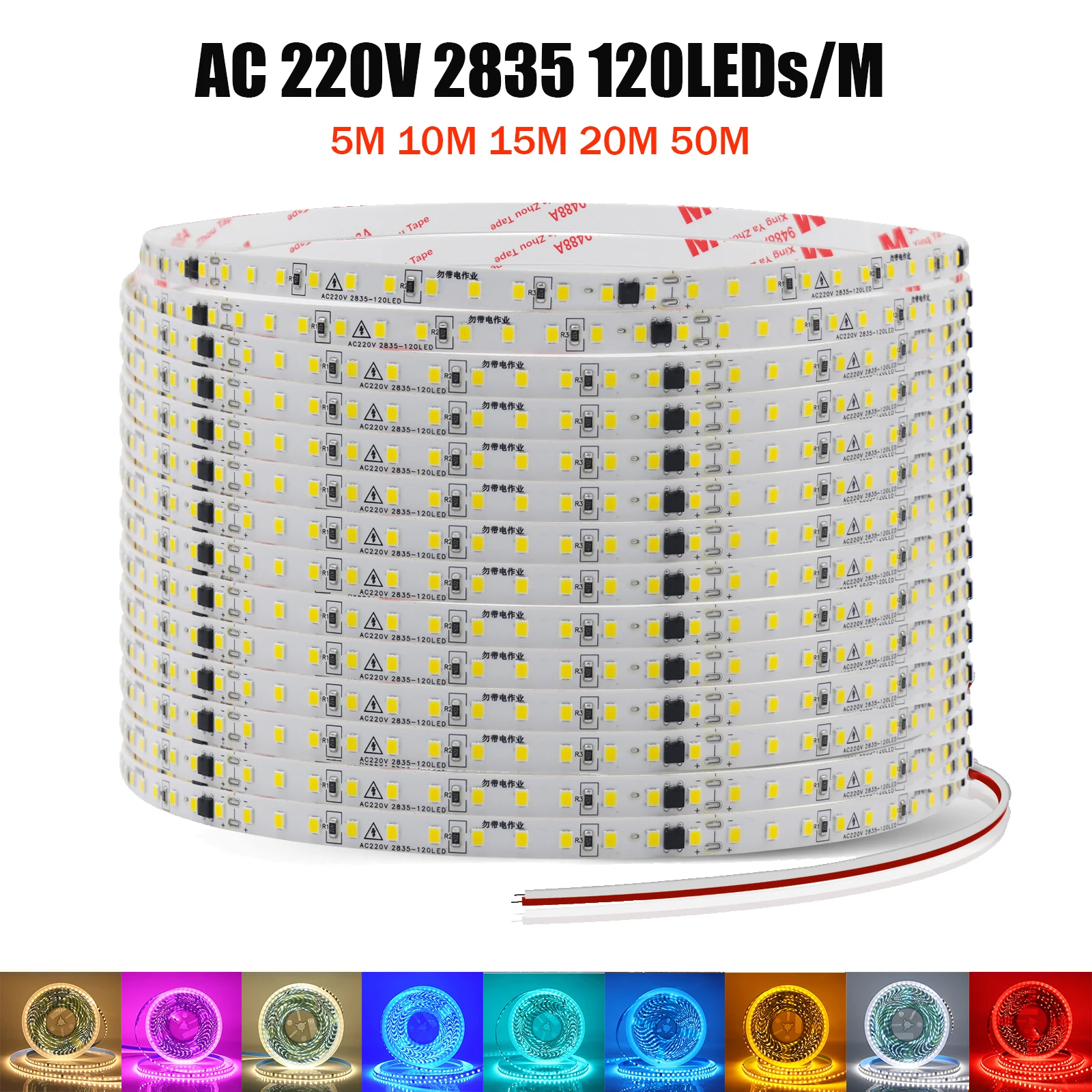 

AC 220V 240V LED Strip Light 5M 10M 20M 50M IP44 Flexible LED Tape Ribbon Adhesive 2835 120Leds/M Stripe Light for Home Decor