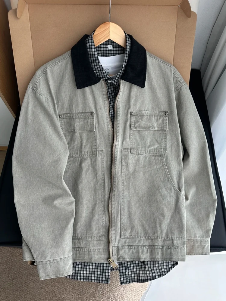 

Мужская рабочая куртка из хлопка Waed: осенне-зимняя, винтажная, из чистого хлопка, с длинными рукавами, на молнии, с воротником-стойкой, верхняя одежда