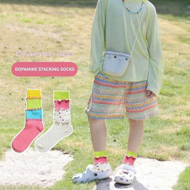 

2/1 Pairs Cute handmade kid Girls Knee patchwork Socks Sweet Colorful Festival Cotton Solid Soft Cozy Hose Sock For Child Girls