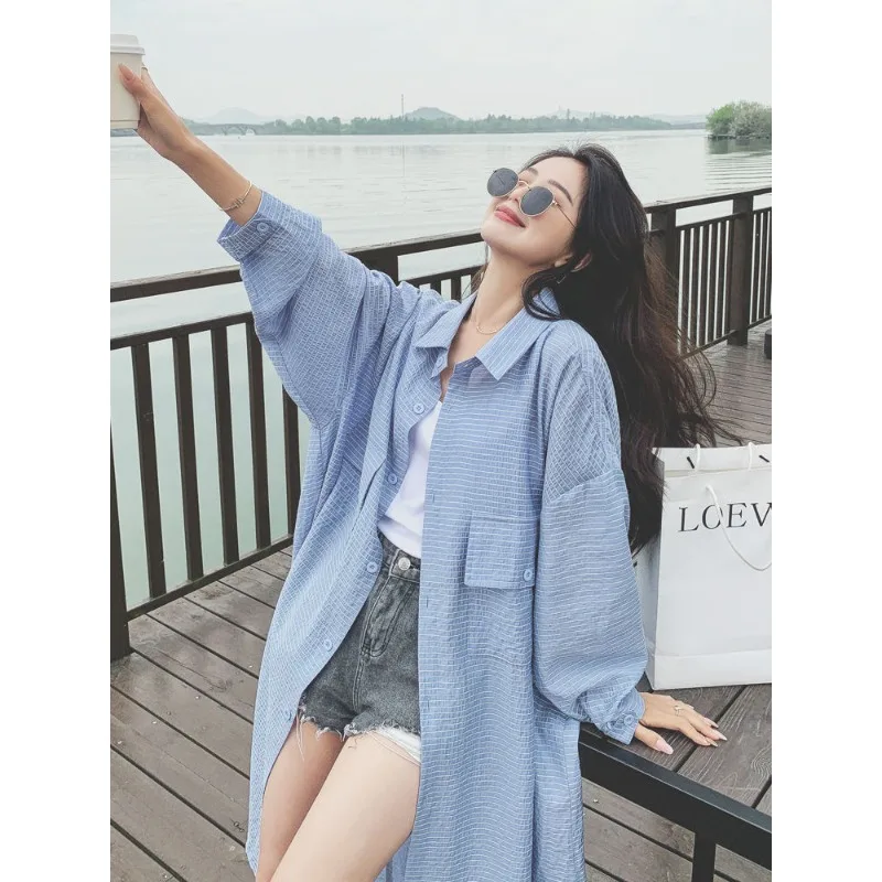 Lazy wind Sun protection Shirt Dresses Spring and summer Korean version loose medium-length cardigan Long-sleeved jacket