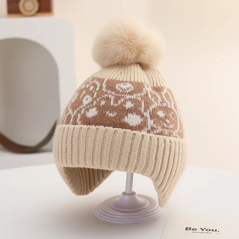 Jakarlı örgü kış kulaklığı şapka bere bebek çocuklar pamuk astar kulak Muffs Pom Pom kap 2024 sonbahar kış bebek çocuk sıcak şapkalar 1-5T