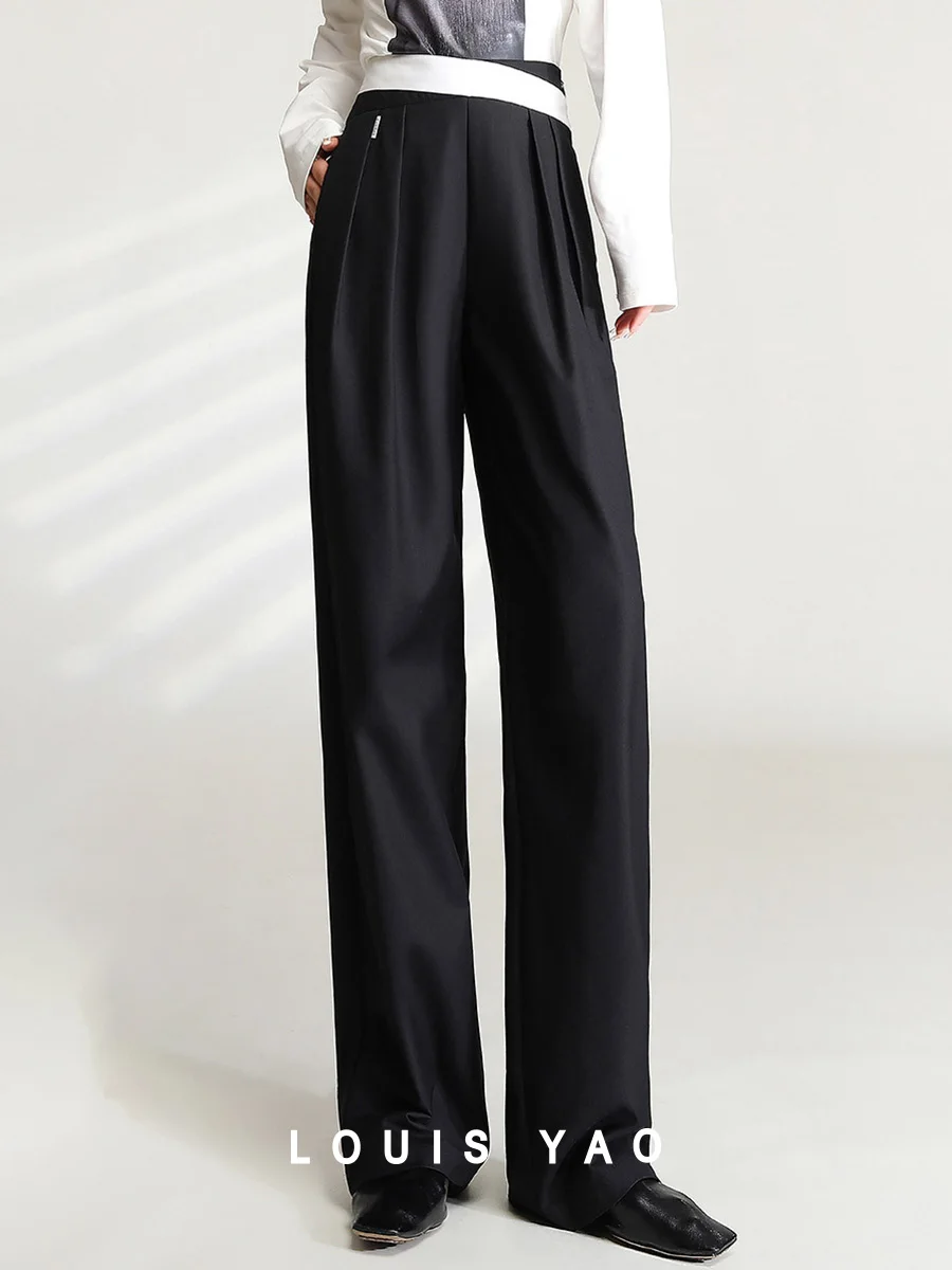 LOUIS YAO 2025 Spring Creative Cross-over Color Contrasting High Waist Wide Leg Pants Loose Commuter Pants Casual Women's Pants