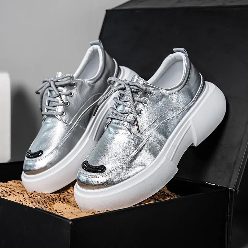 

Роскошные серебристые мужские туфли для скейтбординга, кожаная повседневная обувь на платформе для мужчин, модные мужские кроссовки для скейтбординга на шнуровке