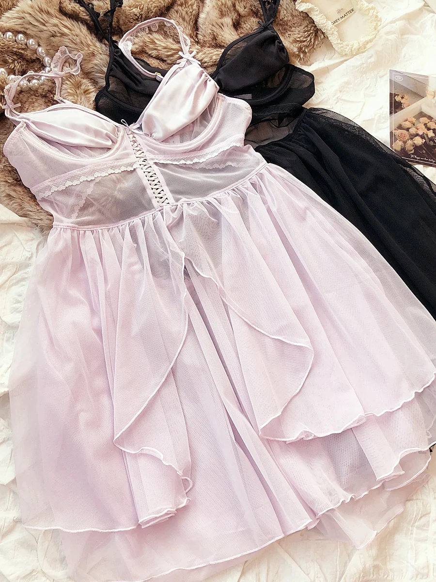 Sexy mesh satin backless nightgown soft steel ring top bra women lingerie suspenders short dress with thongs