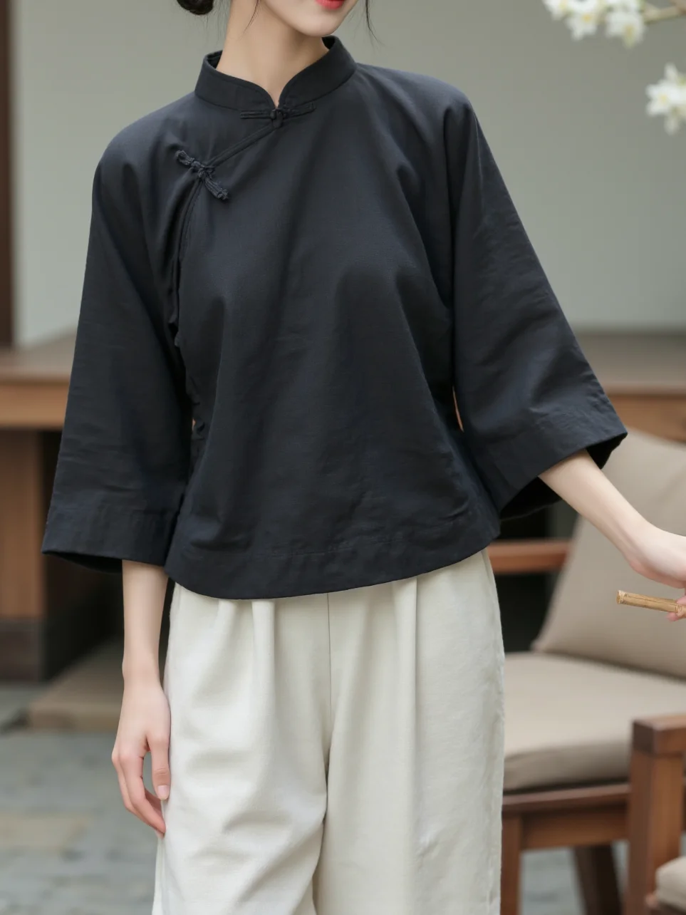 Novo chinês sle zen algodão chá traje feminino svel topo e saia conjunto tradicional qipao design com gola