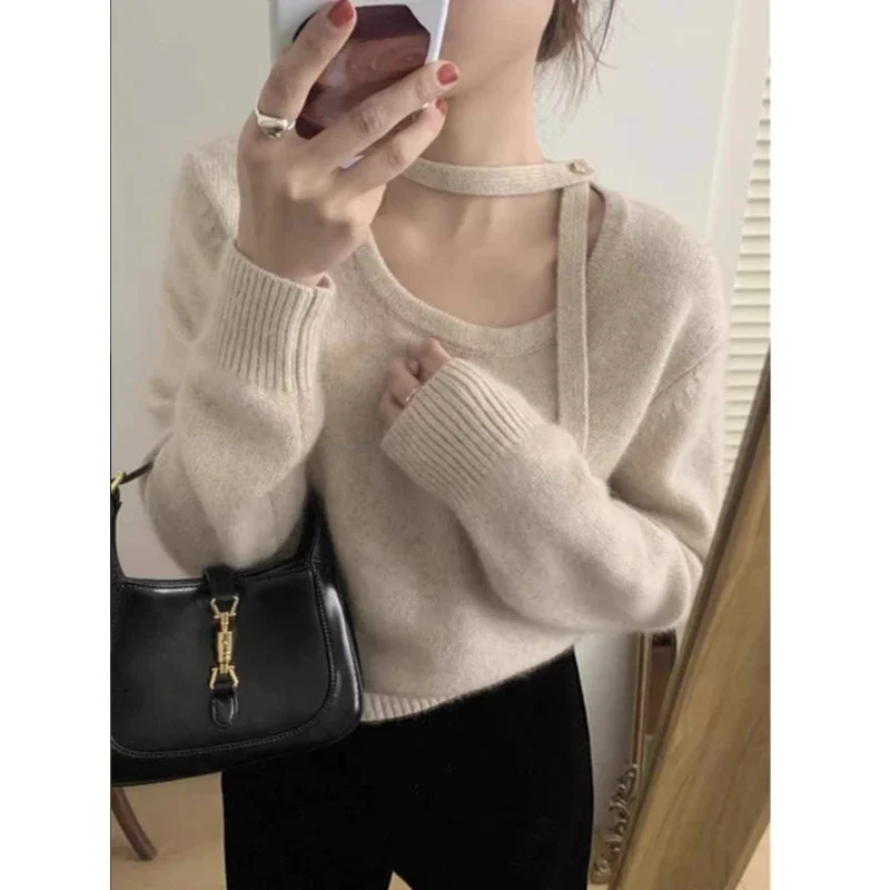 

Beige Hanging Neck Ribbon Design Sense Sweater round Neck Thick Knit Base Inner wear Women 2024 Spring and Autumn Short Top