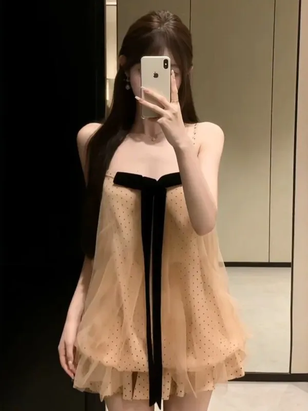 

Sweet Knot Polka Dot Strap Dress Women's Spring Summer Slimming Puffy Short Skirt Casual Style Breathable Fabric