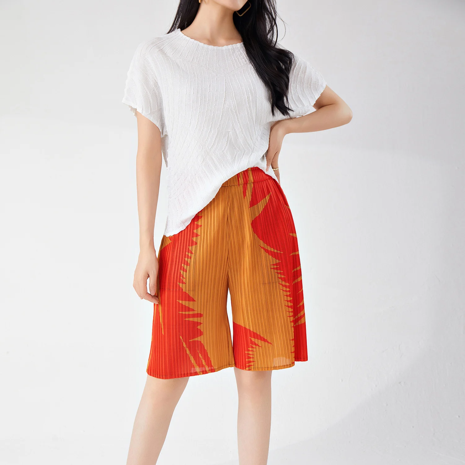 Summer Fashion Women Stretch Print Casual Pants Pleated Loose Straight Design With Knee Length Sustainable One Size for Ladies