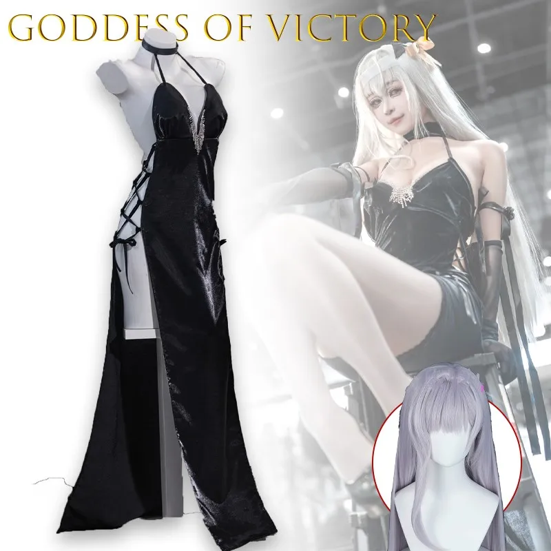 

Goddess Of Victory NIKKE Modernia, черное платье для косплея, платье с боковым разрезом, парик, аксессуары для Хэллоуина, готическая летняя сексуальная игра