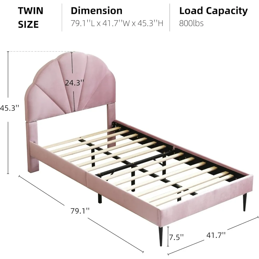 Pink Bed Frame Twin Size for Girls with Unique Flower Headboard, Soft Seashell Tufted Upholstered Bed, Cute Velvet Platform Bed