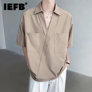 IEFB Korean Style Men's Shirt 2024 Summer New Loose Short Sleeve Double Pockets Design Solid Color Fashion V-neck Male Top C5906
