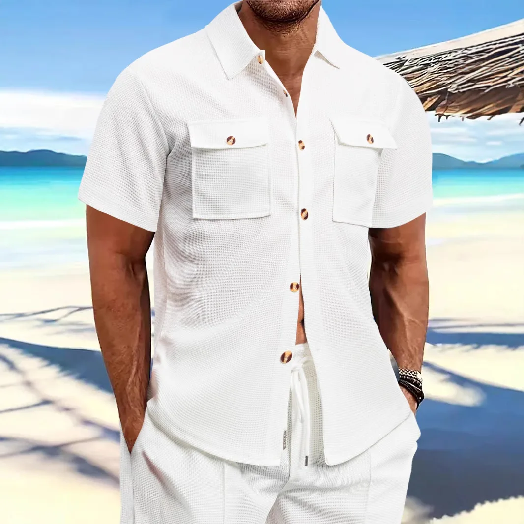 Summer Men's Waffle Short Sleeve Casual Solid Color Lapel Button Pocket Versatile Shirt