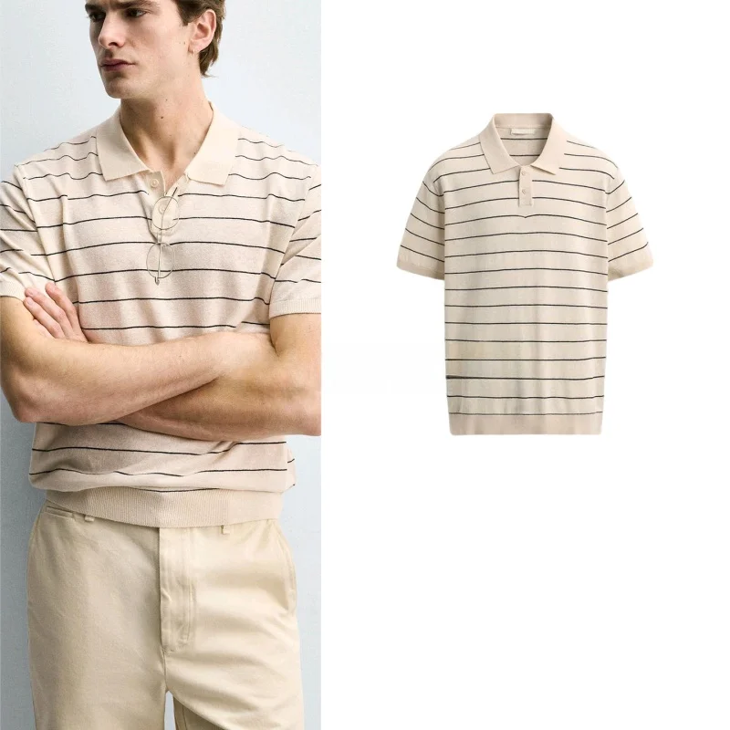 

Men's Slim Fit Knitted Shirt Short Sleeve Flip Collar Striped Summer New Arrival Quick Dry Moisture Wicking Single Wear